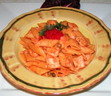 Penne with salmon and caviar in blush sauce